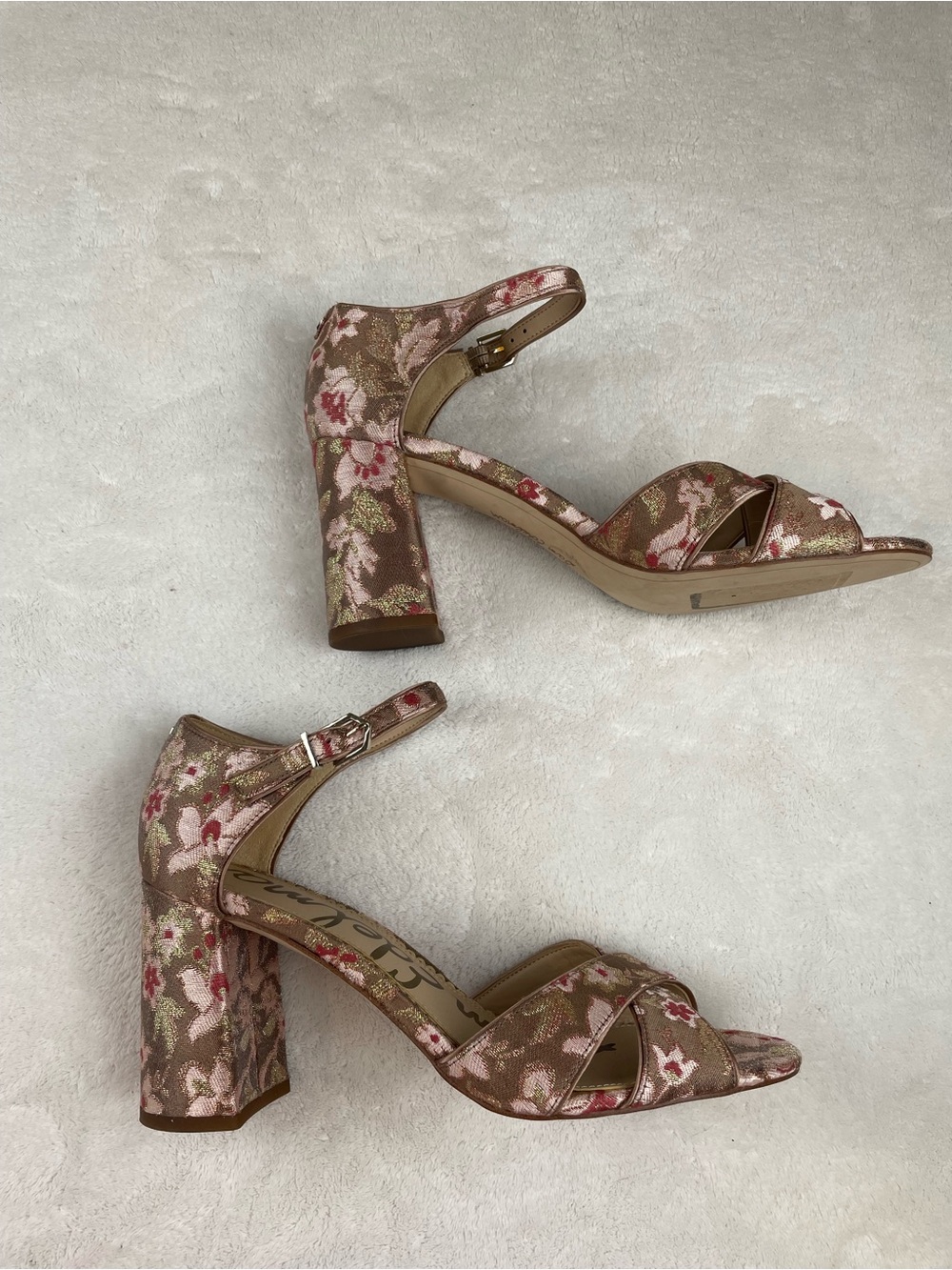 Sam Edelman Metallic Rose Gold Floral Block-Heel Sandals - Picture 2 of 6